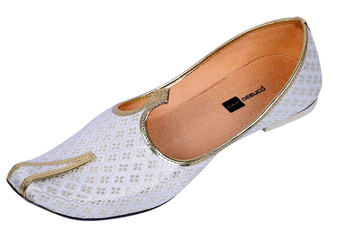 DEEUCO Men's Ethnic Juti/Mojari for Wedding and Party Occasions (White and Golden)