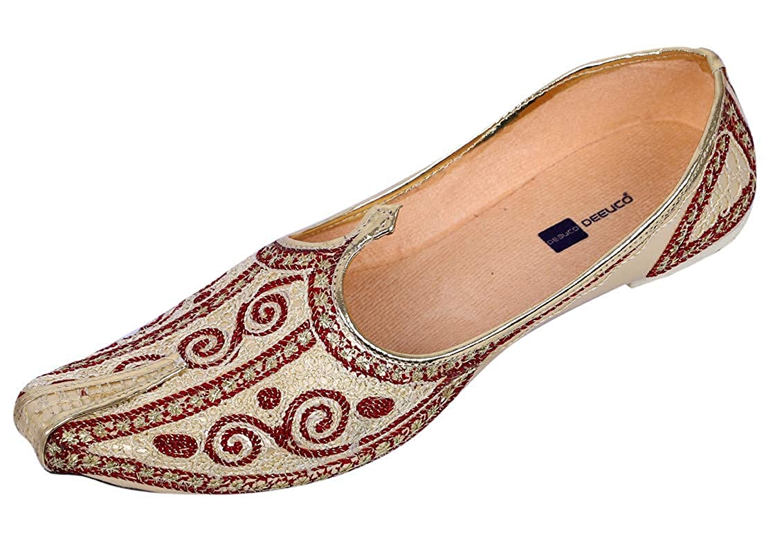 DEEUCO Men's Ethnic Embroided Juti/Mojari for Wedding and Party Occasions (Beige and red)
