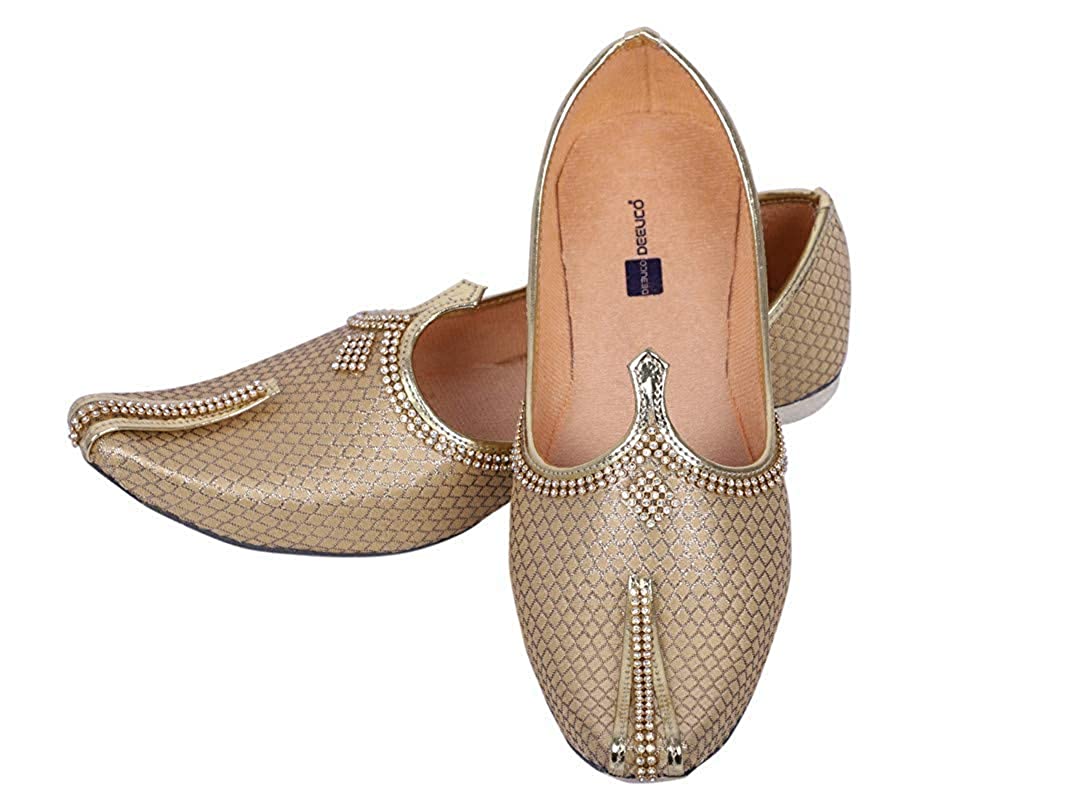 DEEUCO Men's Traditional Sherwani Mojari, Jutti for Wedding (Golden)