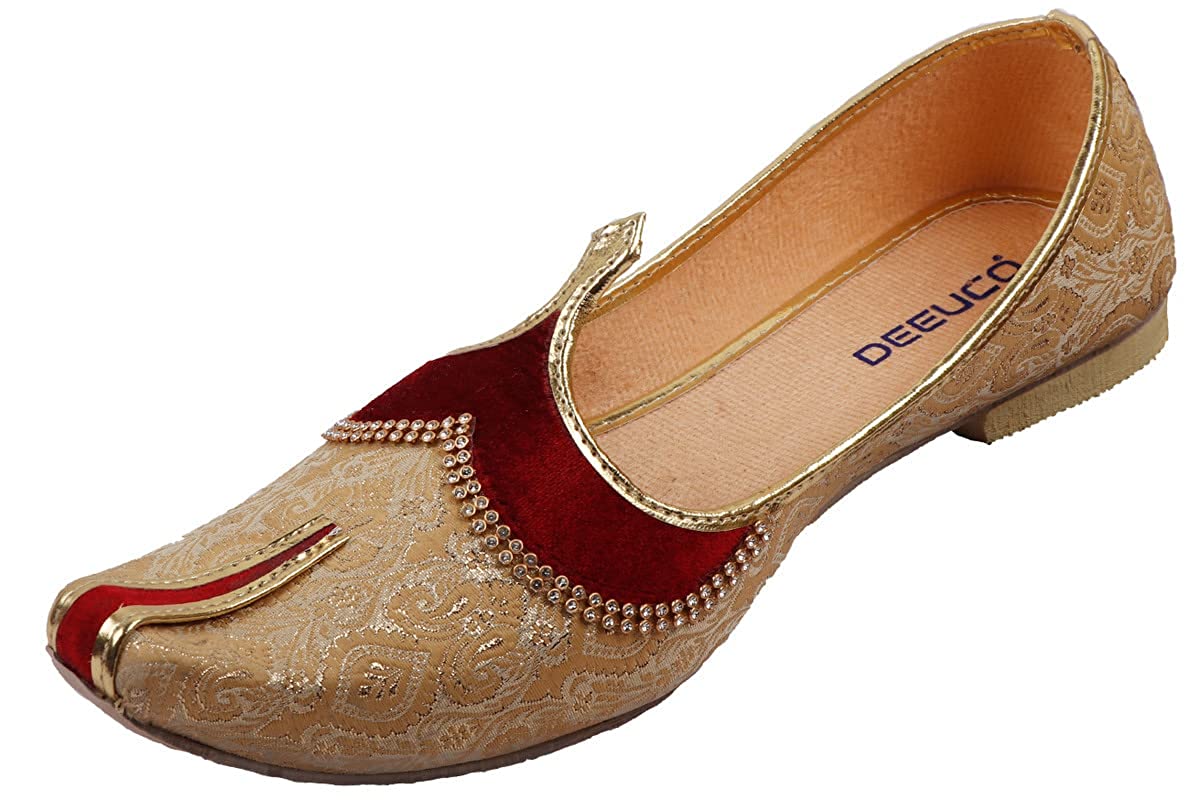 DEEUCO Men's Traditional Golden and Maroon Wedding and Sherwani Jutti,Mojari