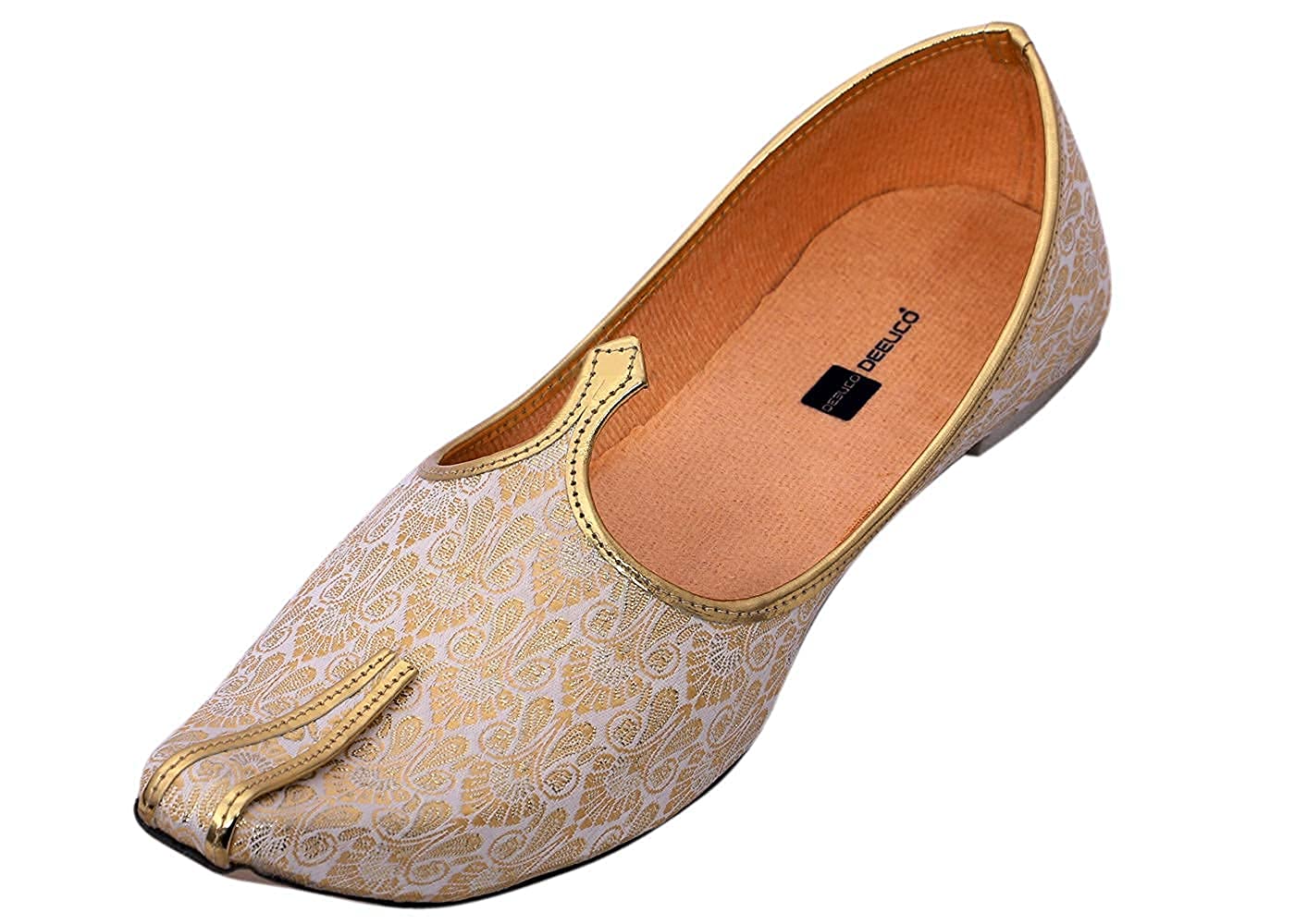 DEEUCO Men's Traditional Premium Cream and Golden Wedding and Sherwani Jutti (Mojari)