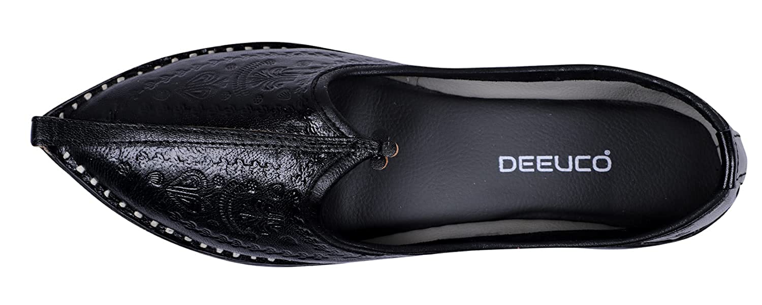 DEEUCO Men's Ethnic Rajasthani Black Leather Juttis, Mojaris and Party Shoes