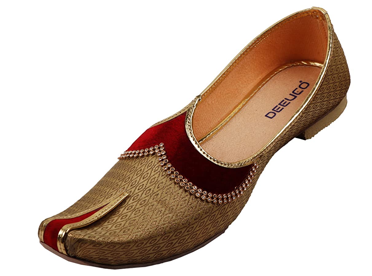 DEEUCO Men's Ethnic Golden and Maroon Wedding and Sherwani Jutti,Mojari