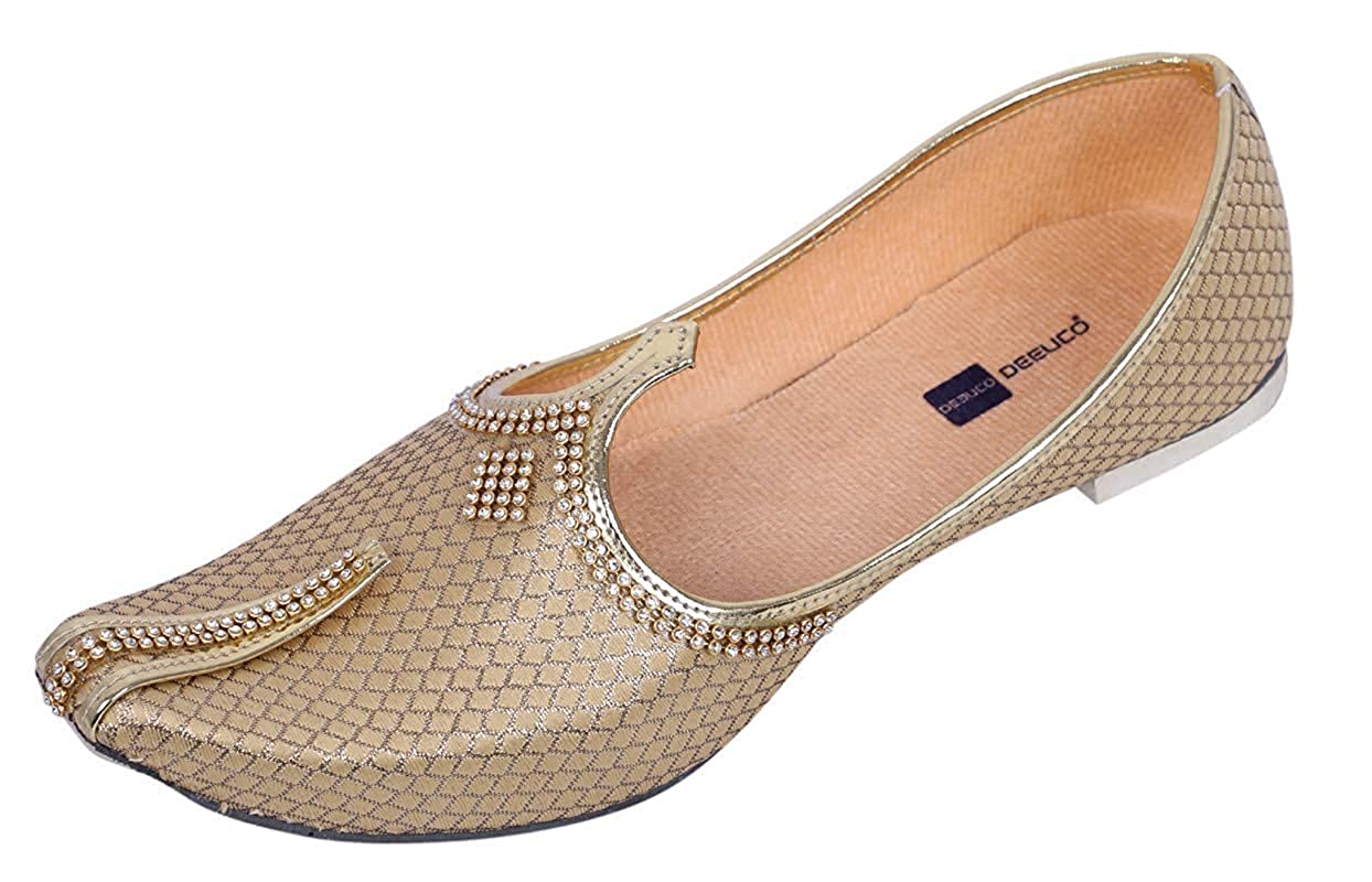 DEEUCO Men's Traditional Sherwani Mojari, Jutti for Wedding (Golden)