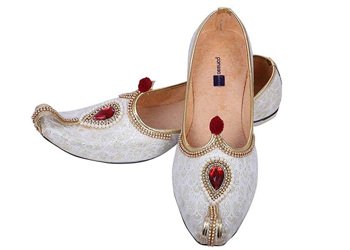 DEEUCO Men's Traditional Stone Studded Fabric Wedding and Sherwani Jutti,Mojari