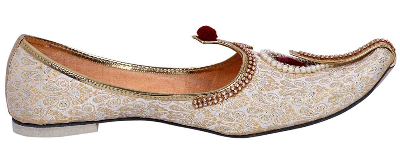 DEEUCO Men's Traditional Wedding and Sherwani Jutti/Mojari (Cream and Red)