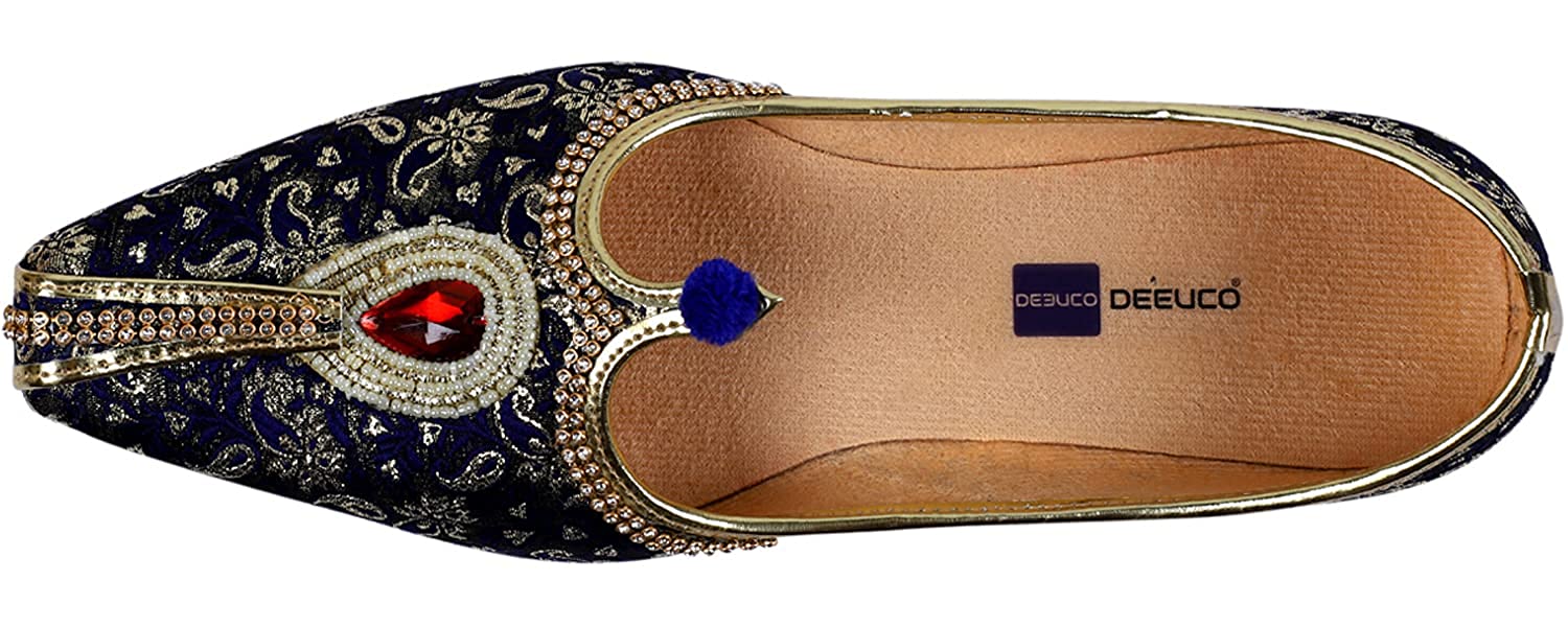 DEEUCO Men's Traditional Stone Studded Fabric Wedding and Sherwani Jutti,Mojari