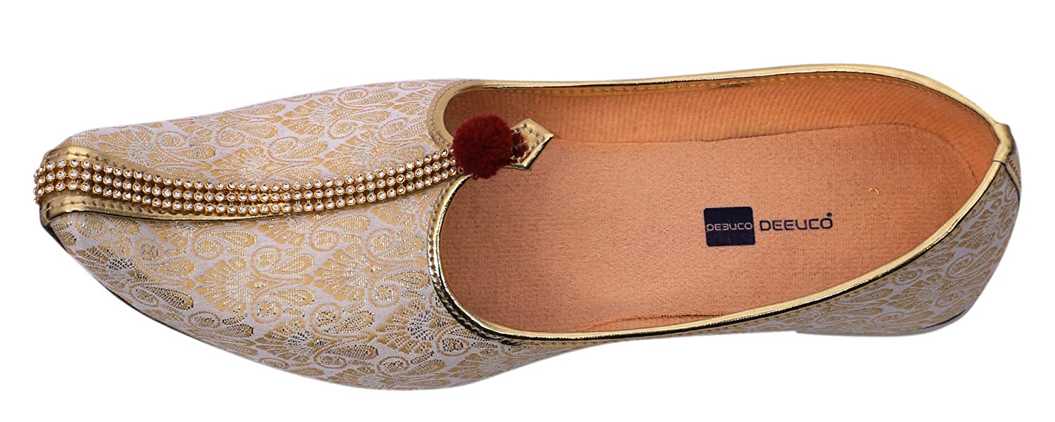 DEEUCO Men's Traditional Premium Cream and Golden Wedding and Sherwani Jutti (Mojari