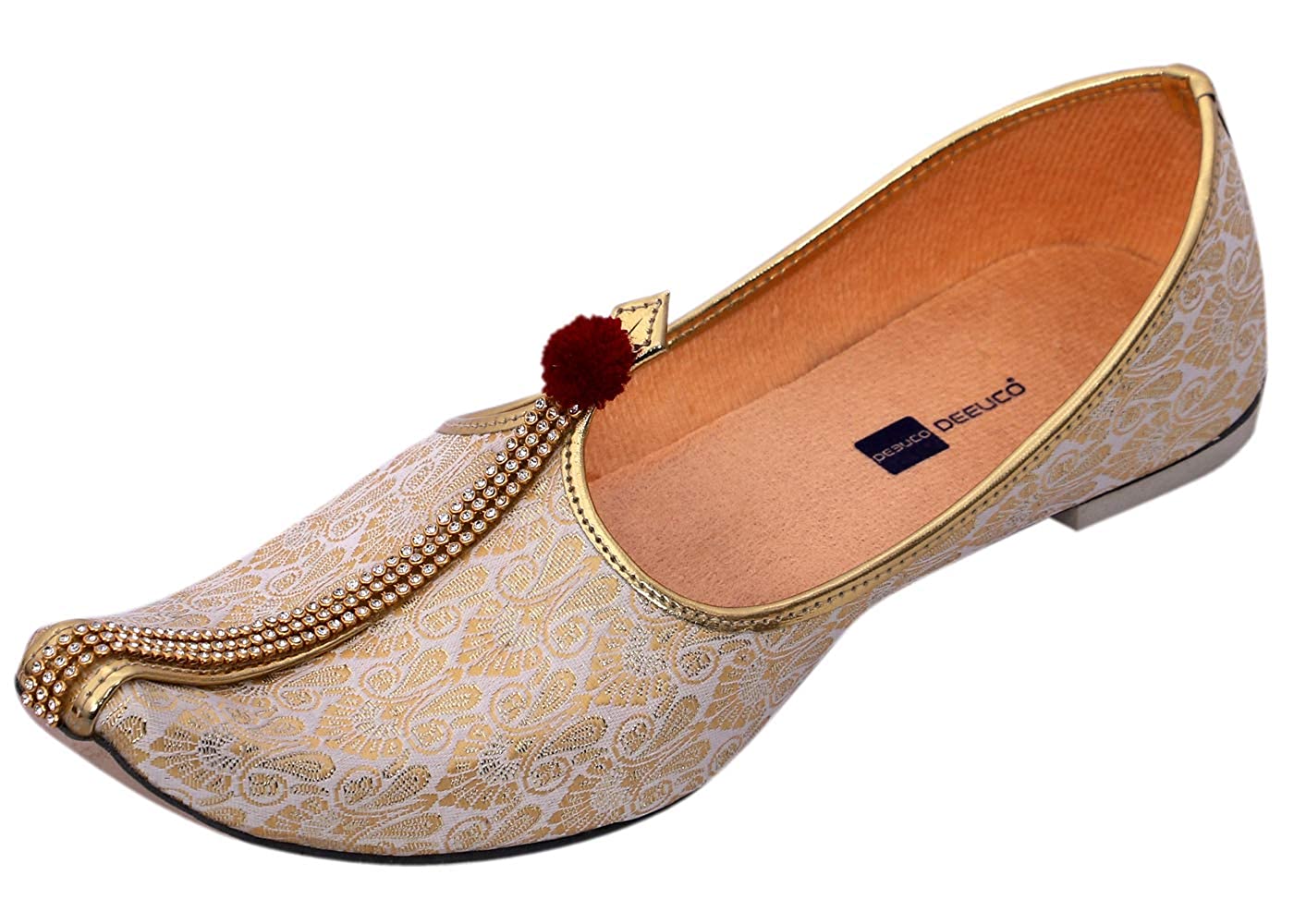 DEEUCO Men's Traditional Premium Cream and Golden Wedding and Sherwani Jutti (Mojari