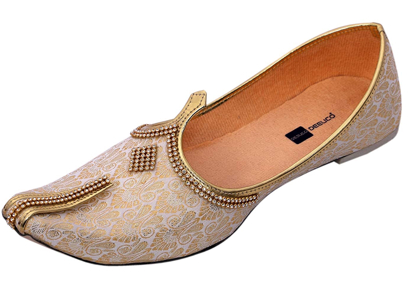 DEEUCO Men's Traditional Premium Cream and Golden Wedding and Sherwani Jutti (Mojari)