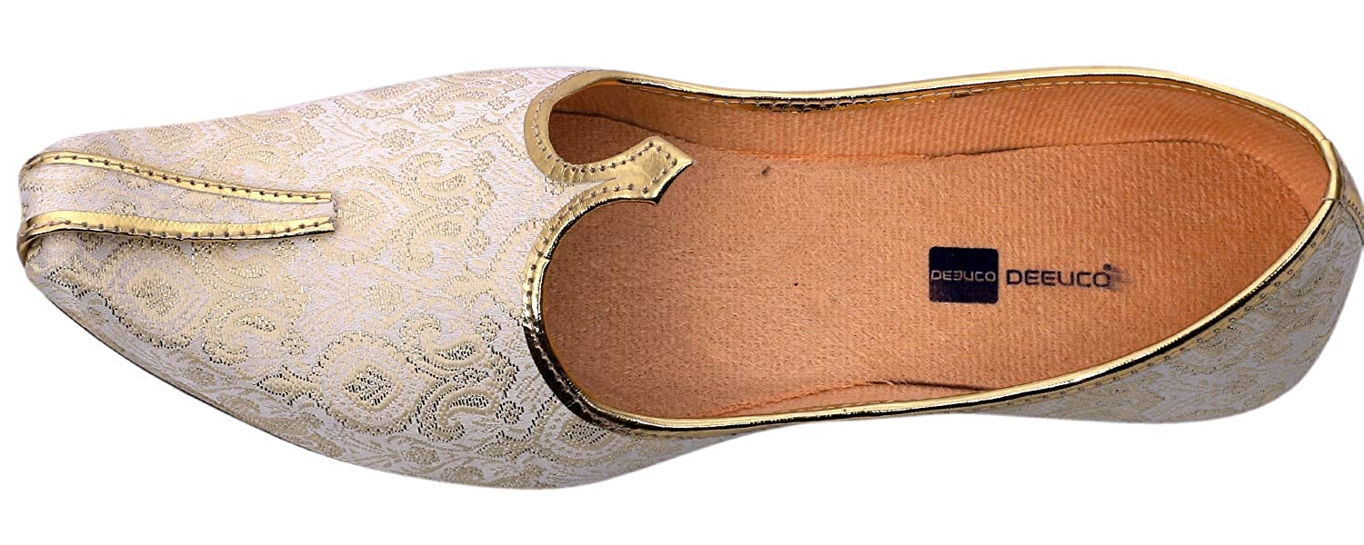 DEEUCO Men's Traditional Premium Cream and Golden Wedding and Sherwani Jutti (Mojari)