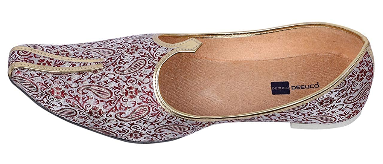DEEUCO Men's White and Maroon Traditional Wedding and Party Jutti, Mojari