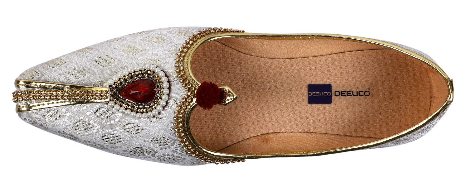 DEEUCO Men's Traditional Stone Studded Fabric Wedding and Sherwani Jutti,Mojari