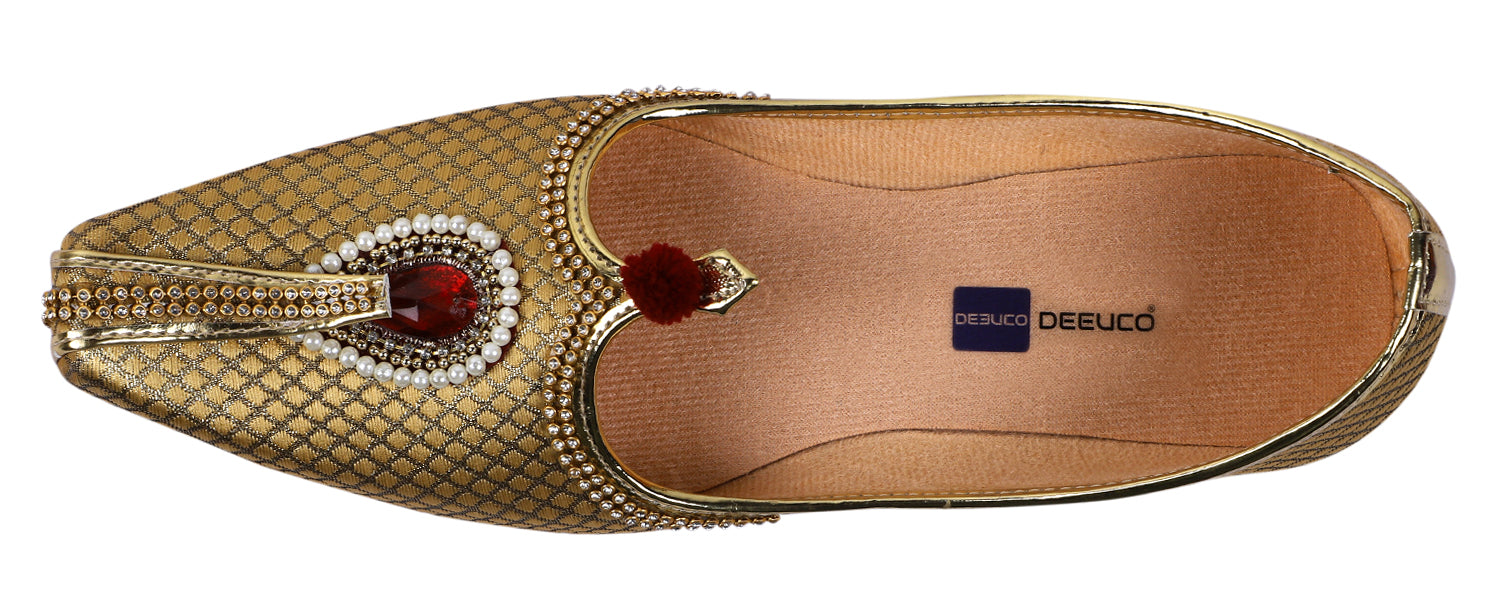 DEEUCO Men's Traditional Stone Studded Fabric Wedding and Sherwani Jutti,Mojari