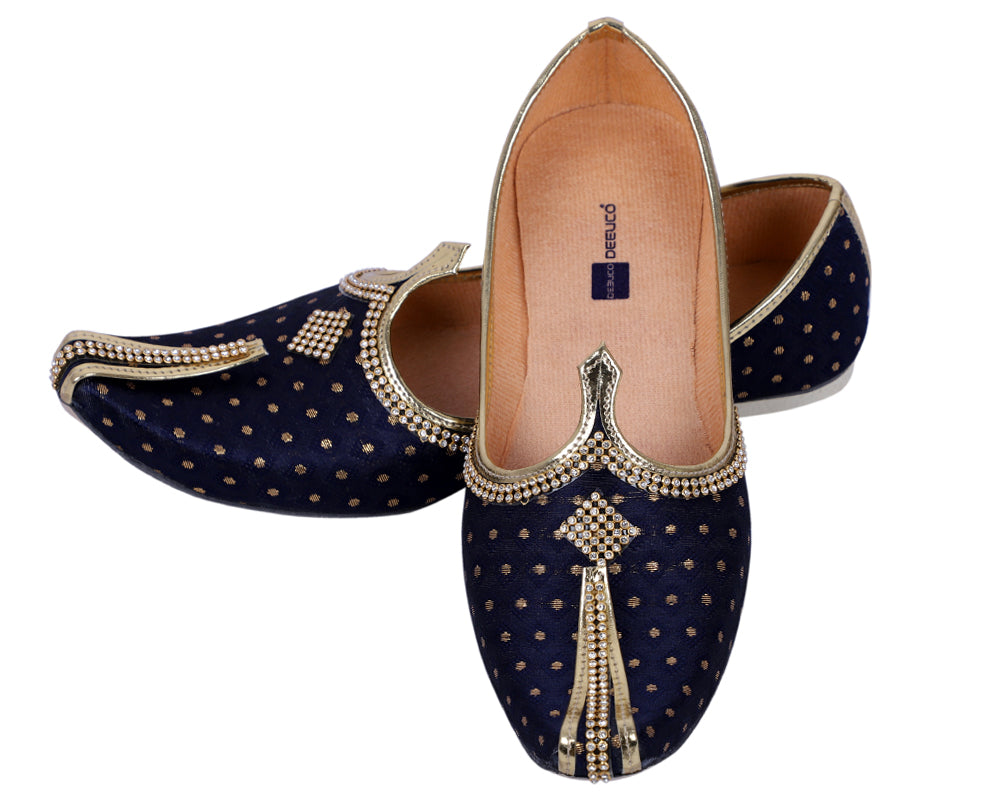 DEEUCO Men's Ethnic Navy Blue Wedding and Sherwani Jutti, Mojari