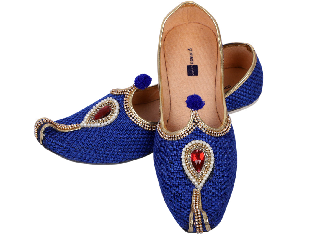 DEEUCO Men's Traditional Blue Jute Wedding, Ethnic, Party and Sherwani Jutti,Mojar
