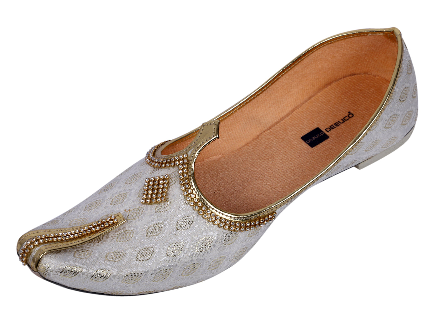 DEEUCO Men's Traditional White and Golden Wedding, Party and Sherwani Jutti,Mojari