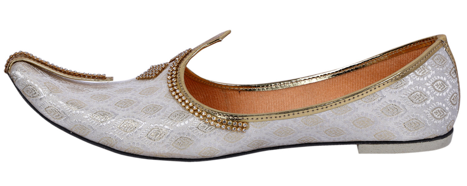 DEEUCO Men's Traditional White and Golden Wedding, Party and Sherwani Jutti,Mojari