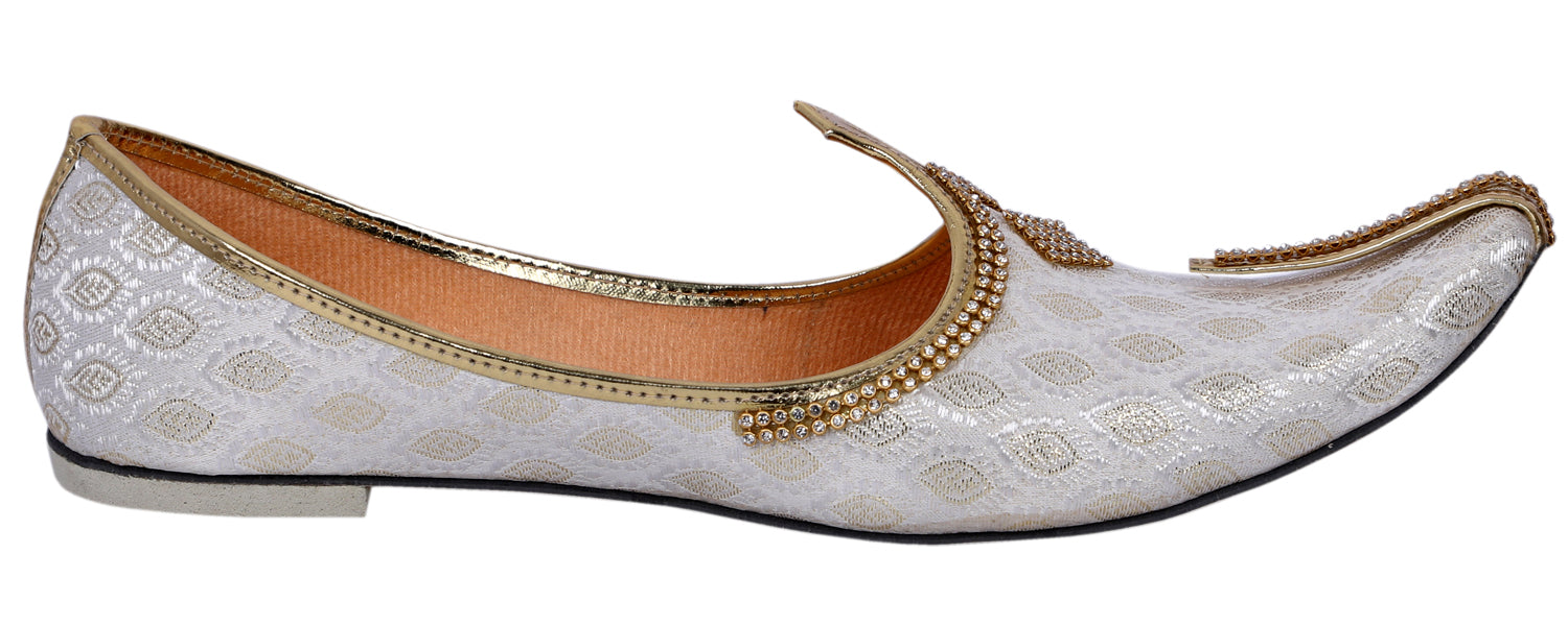 DEEUCO Men's Traditional White and Golden Wedding, Party and Sherwani Jutti,Mojari