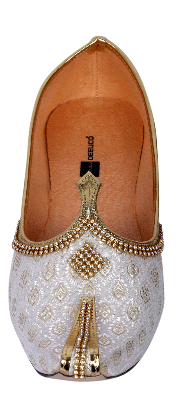 DEEUCO Men's Traditional White and Golden Wedding, Party and Sherwani Jutti,Mojari