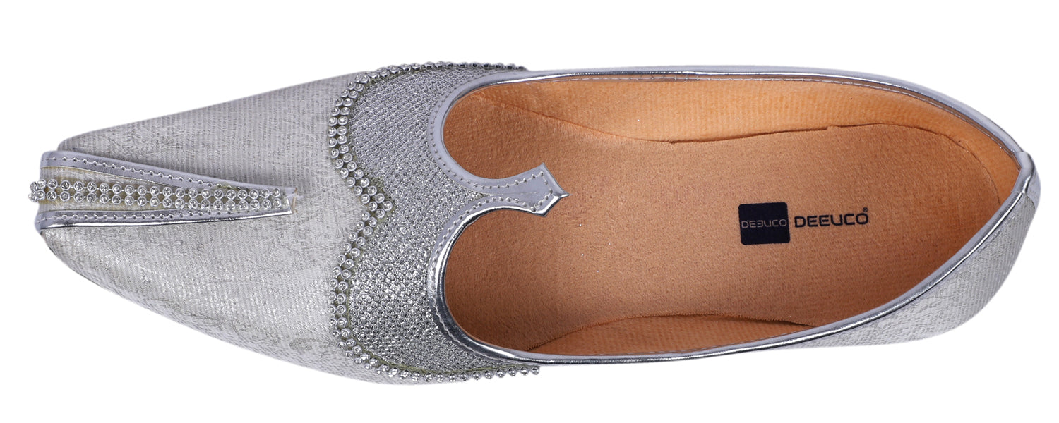 DEEUCO Men's Traditional Silver Wedding, Ethnic, Party and Sherwani Jutti,Mojari