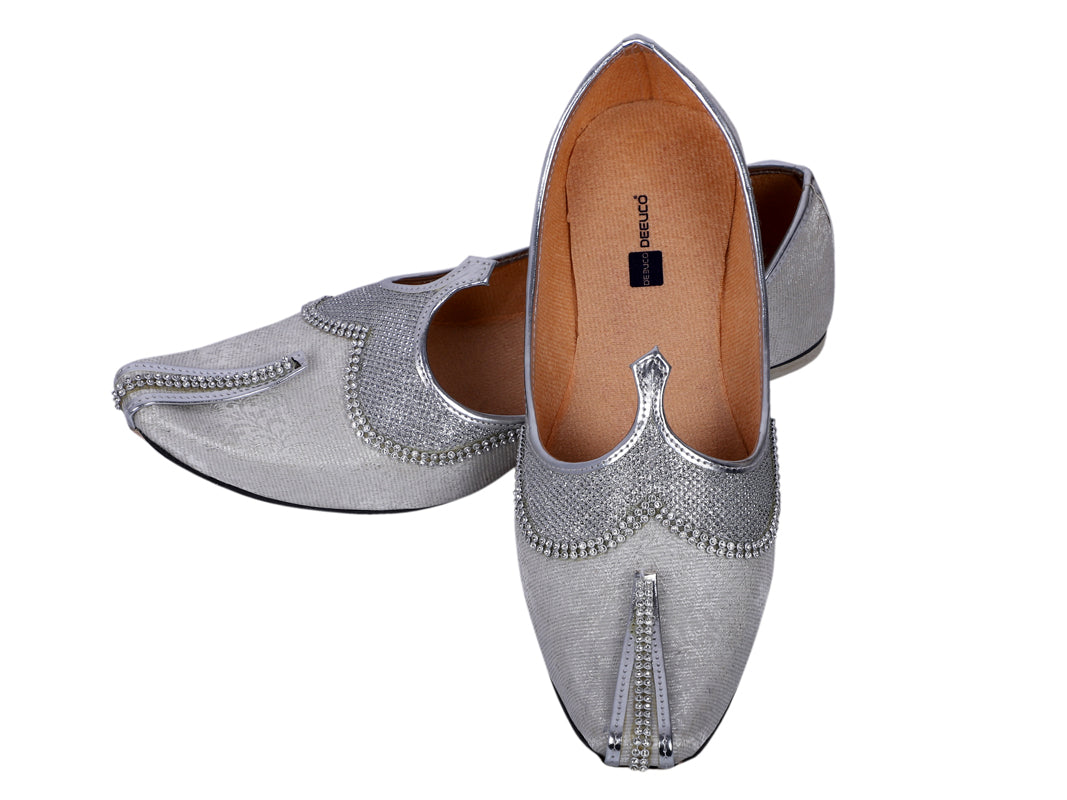 DEEUCO Men's Traditional Silver Wedding, Ethnic, Party and Sherwani Jutti,Mojari