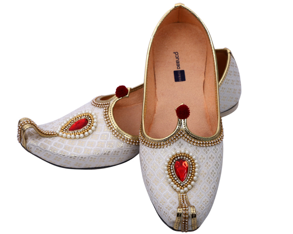 DEEUCO Men's Ethnic Cream N Golden Wedding and Sherwani Jutti, Mojari