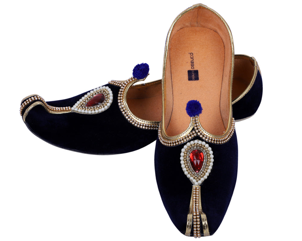 DEEUCO Men's Ethnic Navy Blue Velvet Wedding and Sherwani Jutti, Mojari