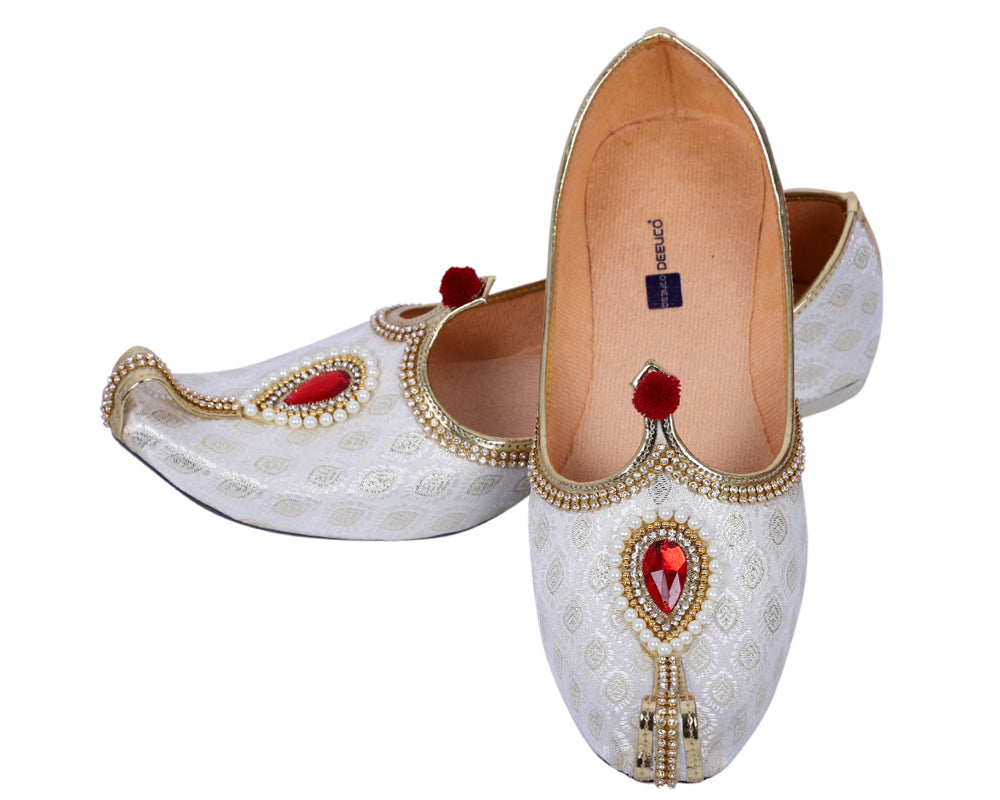 DEEUCO Men's Ethnic Cream N Golden Wedding and Sherwani Jutti, Mojari
