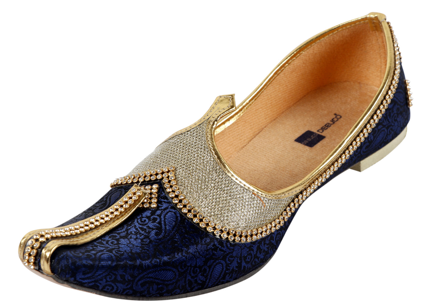 DEEUCO Men's Traditional Premium Navy Blue and Golden Velvet Wedding and Sherwani Jutti (Mojari)