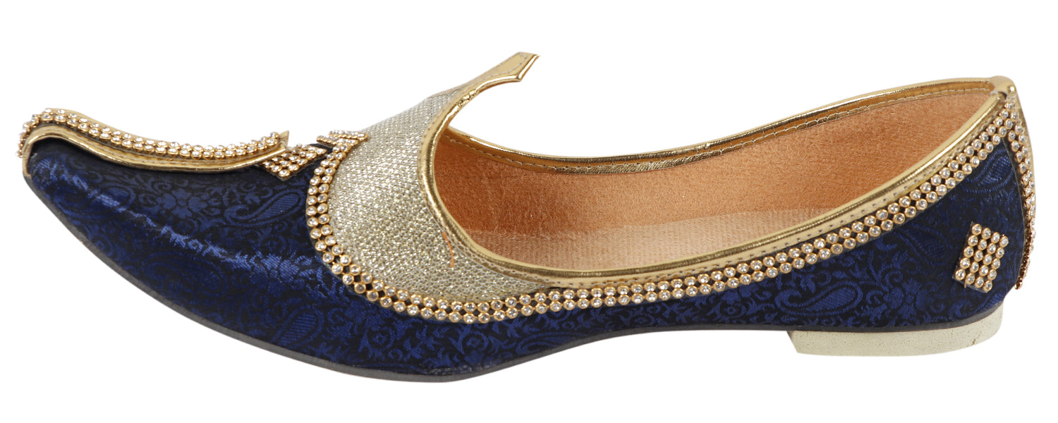 DEEUCO Men's Traditional Premium Navy Blue and Golden Velvet Wedding and Sherwani Jutti (Mojari)