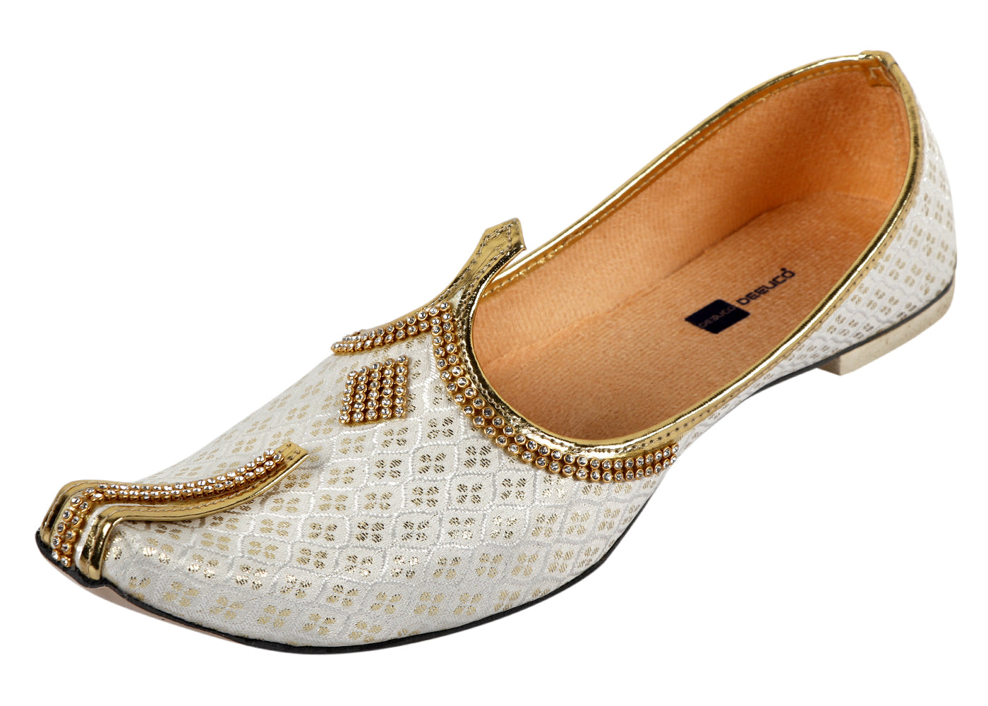 DEEUCO Men's Traditional White and Golden Wedding and Sherwani Jutti (Mojari)