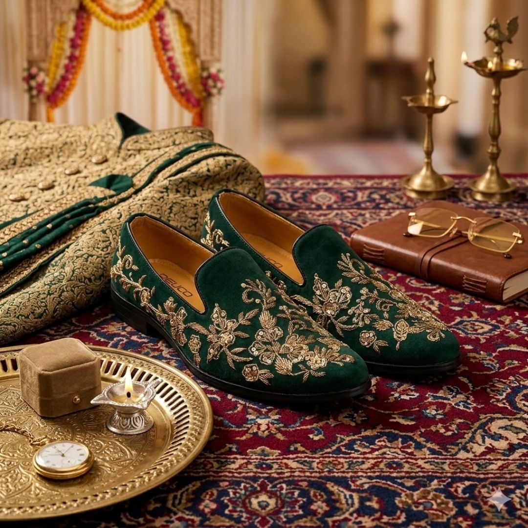 Deeuco Ethnic Premium Green Velvet  Zardozi embroidery Jutti