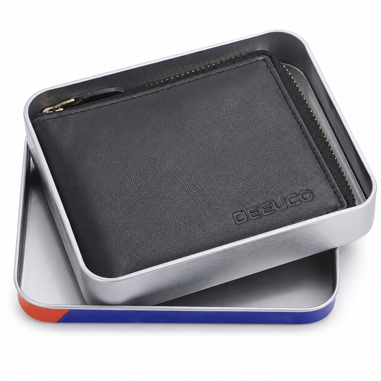 Closed matte black genuine leather bifold wallet with full perimeter zipper and durable stitching.