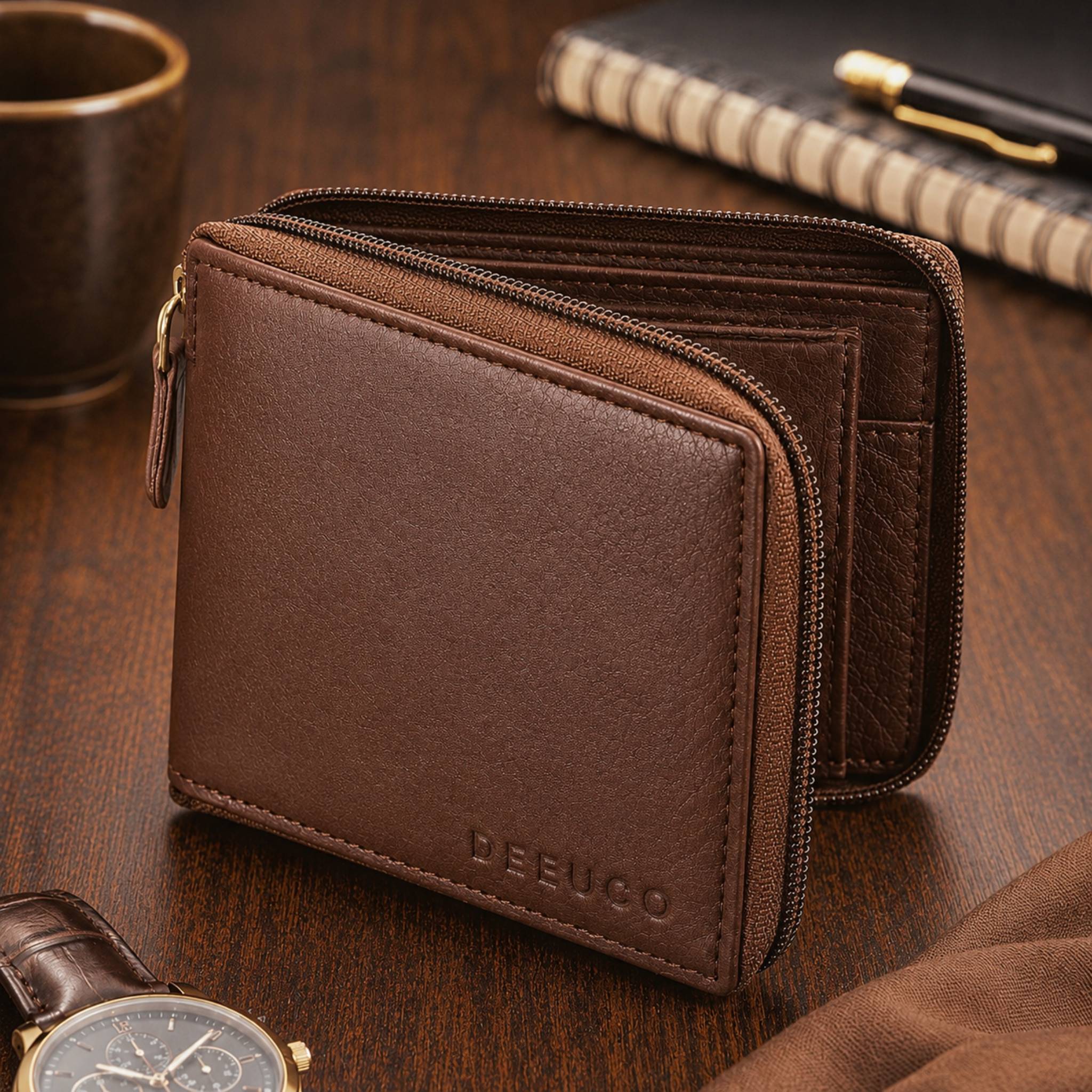 Deeuco men's classic brown genuine leather wallet with zip around closure