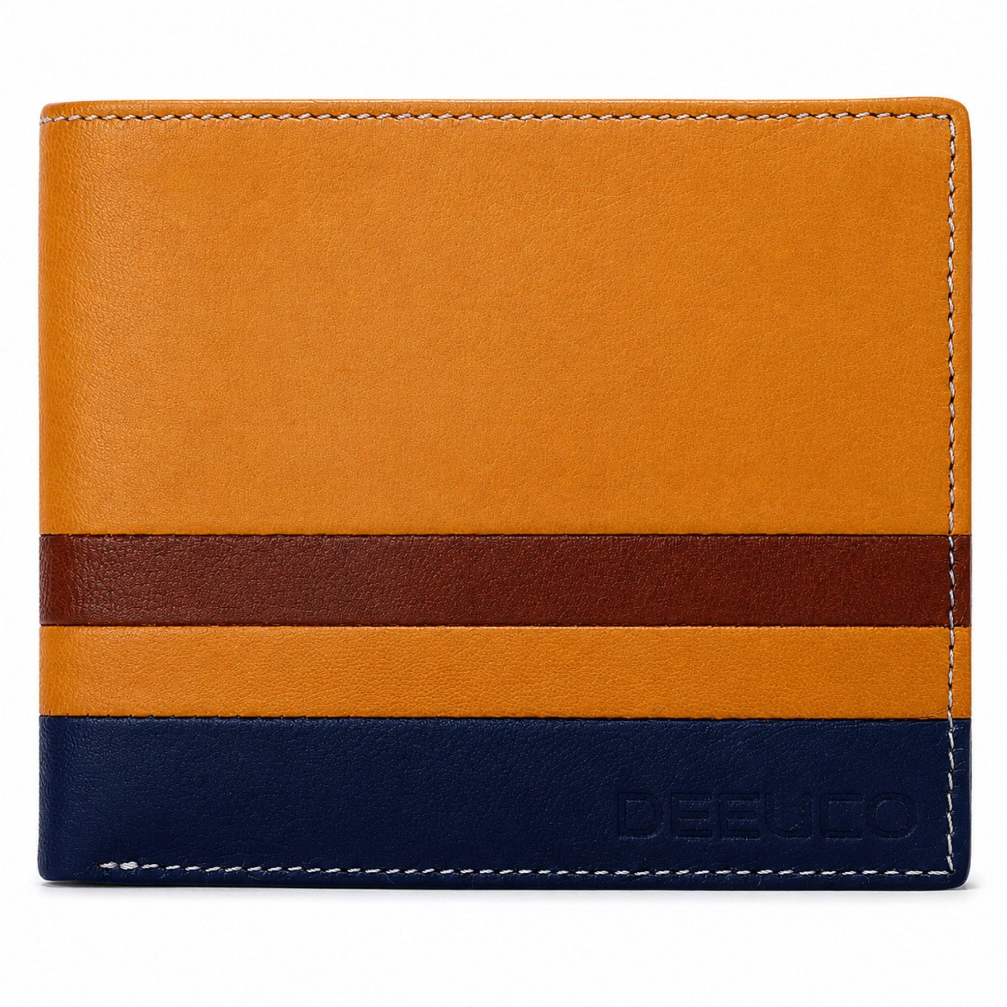Deeuco mens tricolor genuine leather bifold wallet with tan maroon and navy blue panels
