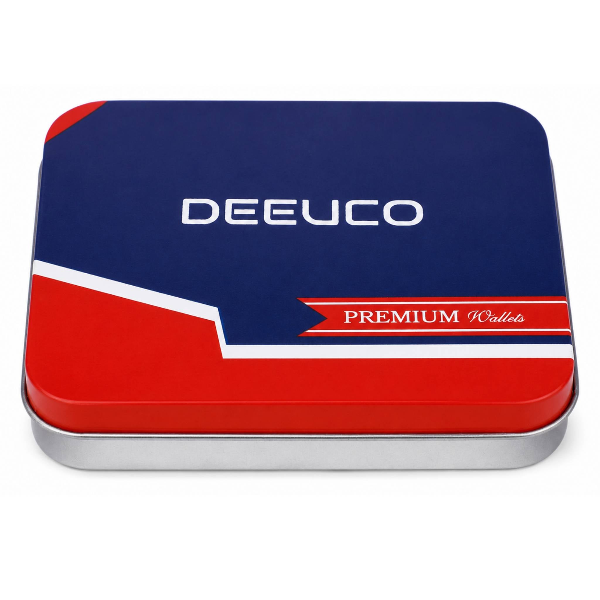 Deeuco premium red and blue metallic tin box packaging for men's leather wallet gifting