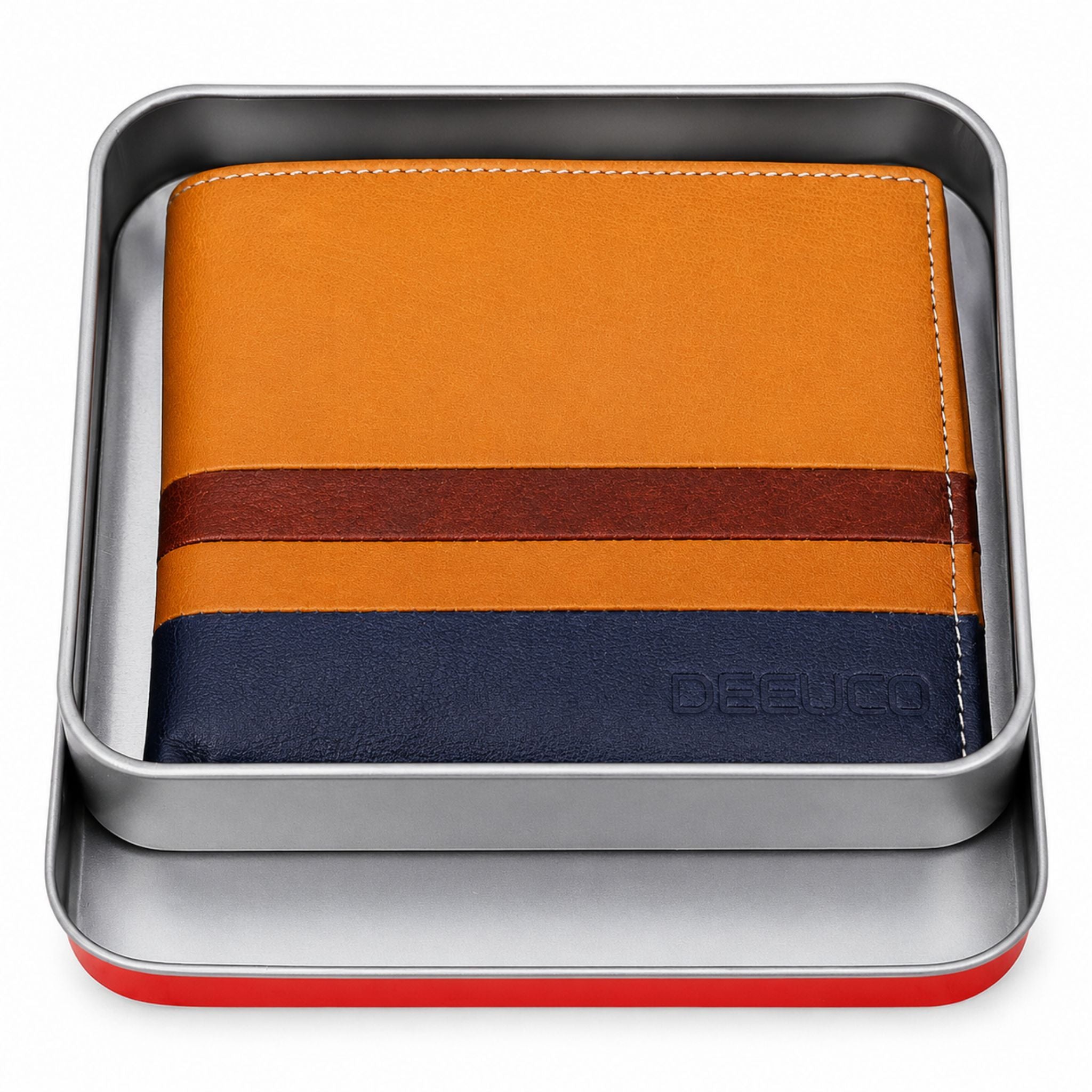 Close up of premium genuine leather texture and embossed logo on Deeuco mens wallet
