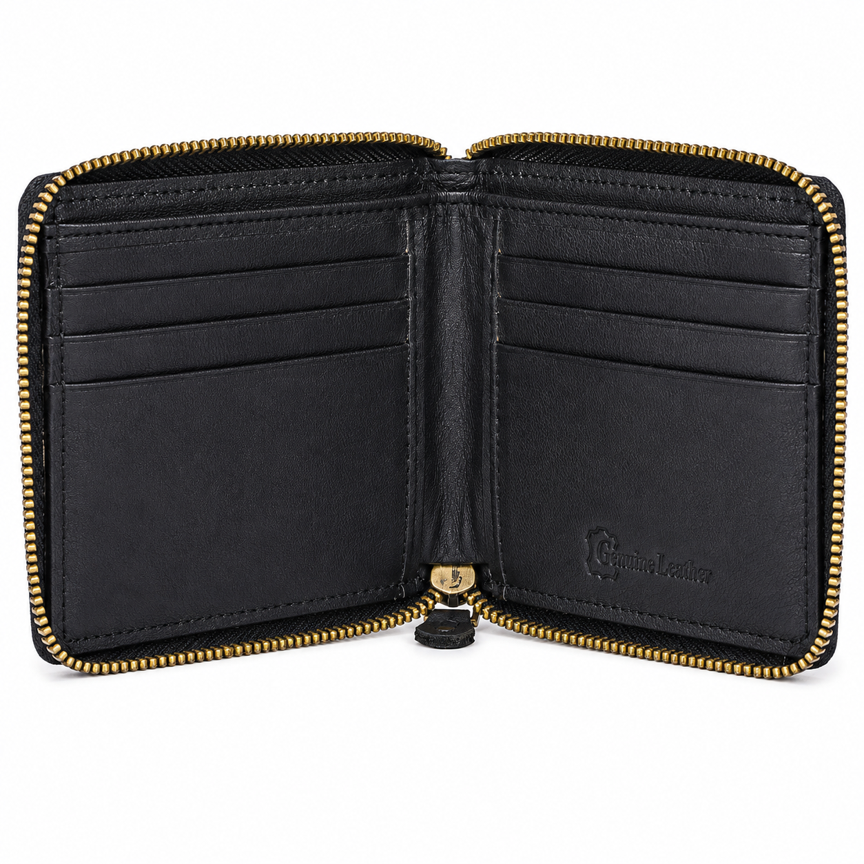 Detailed view of the cash slot holding crisp Indian banknotes inside a black pebbled leather wallet.