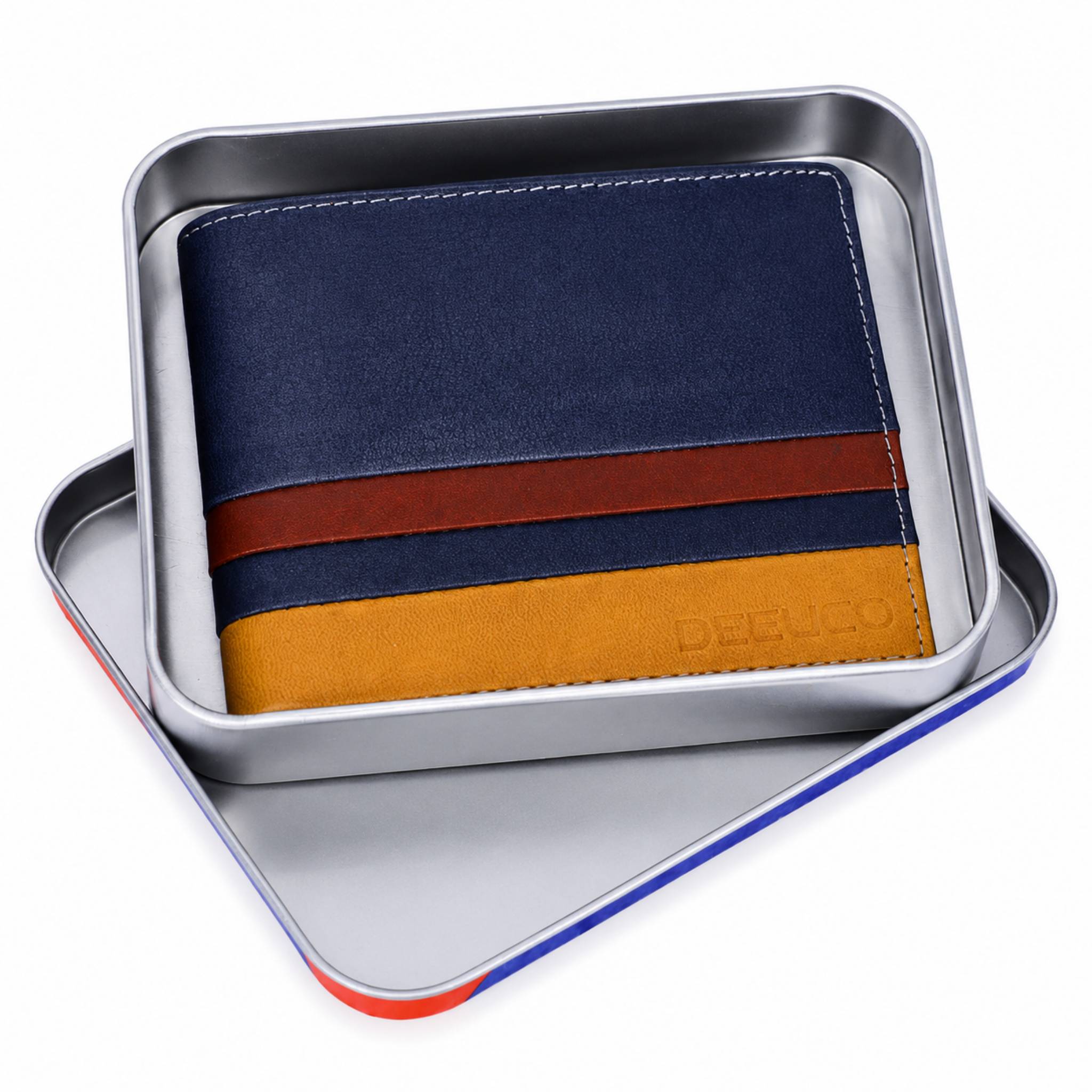 Deeuco dual tone premium men's leather wallet placed with an elegant metallic brand gift box