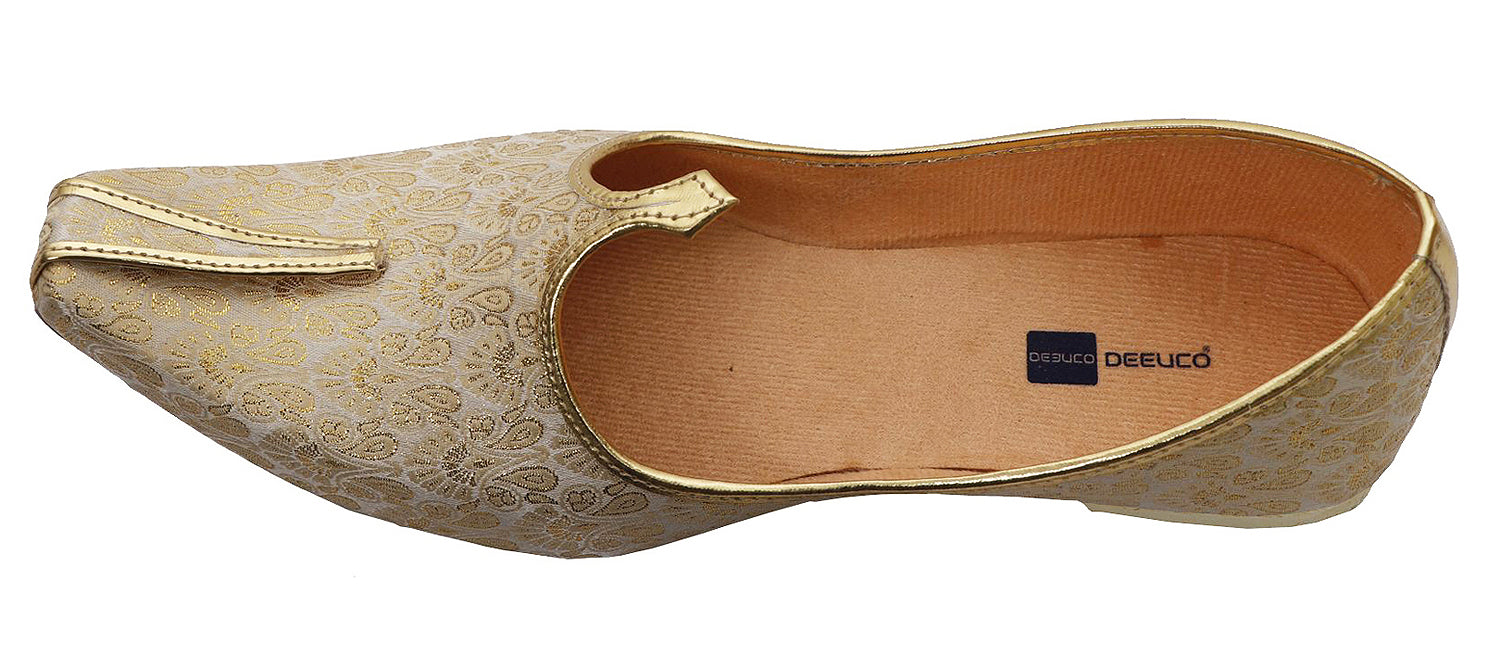 DEEUCO Men's Ethnic Golden with Cream Wedding and Sherwani Jutti, Mojari
