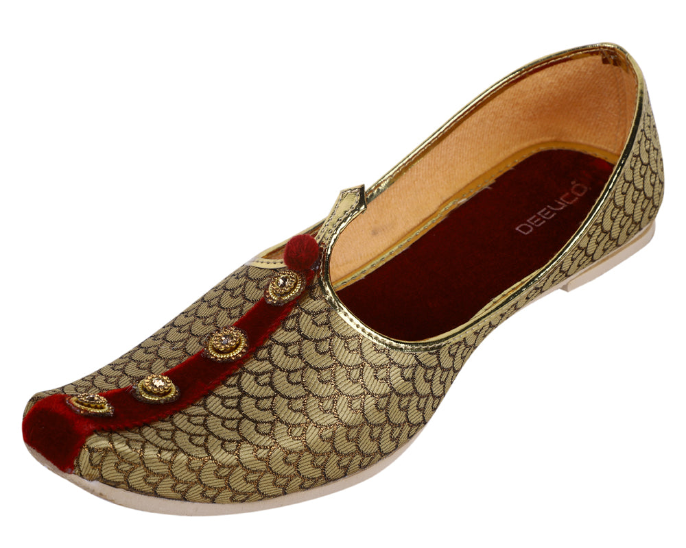 DEEUCO Men's Premium Golden with Maroon Wedding Jutti/ Sherwani Jutti Mojari