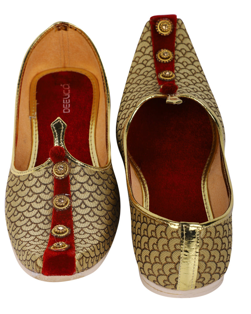 DEEUCO Men's Premium Golden with Maroon Wedding Jutti/ Sherwani Jutti Mojari
