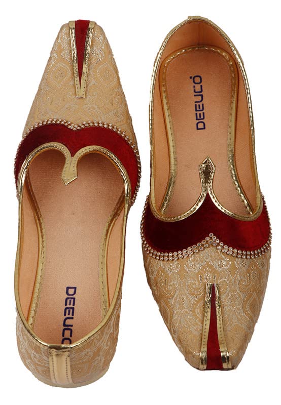 DEEUCO Men's Traditional Golden and Maroon Wedding and Sherwani Jutti,Mojari
