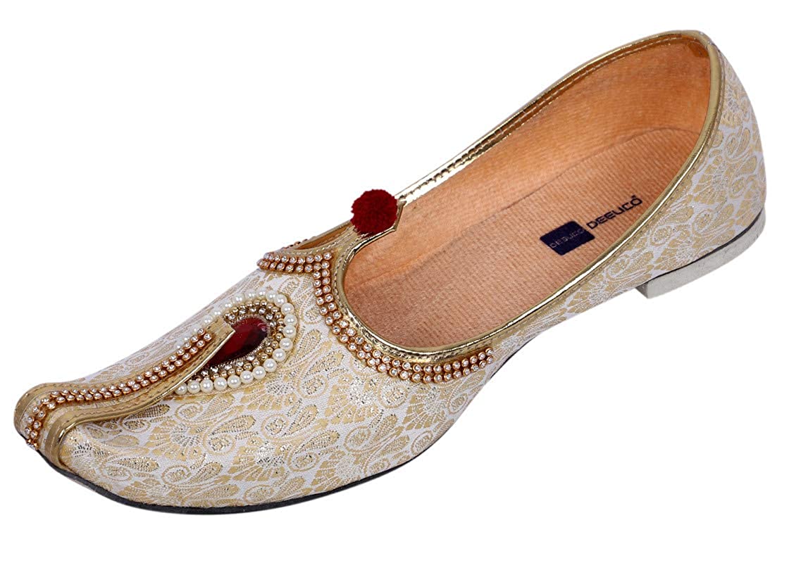 DEEUCO Men's Traditional Wedding and Sherwani Jutti/Mojari (Cream and Red)