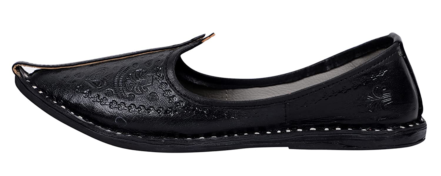 DEEUCO Men's Ethnic Rajasthani Black Leather Juttis, Mojaris and Party Shoes