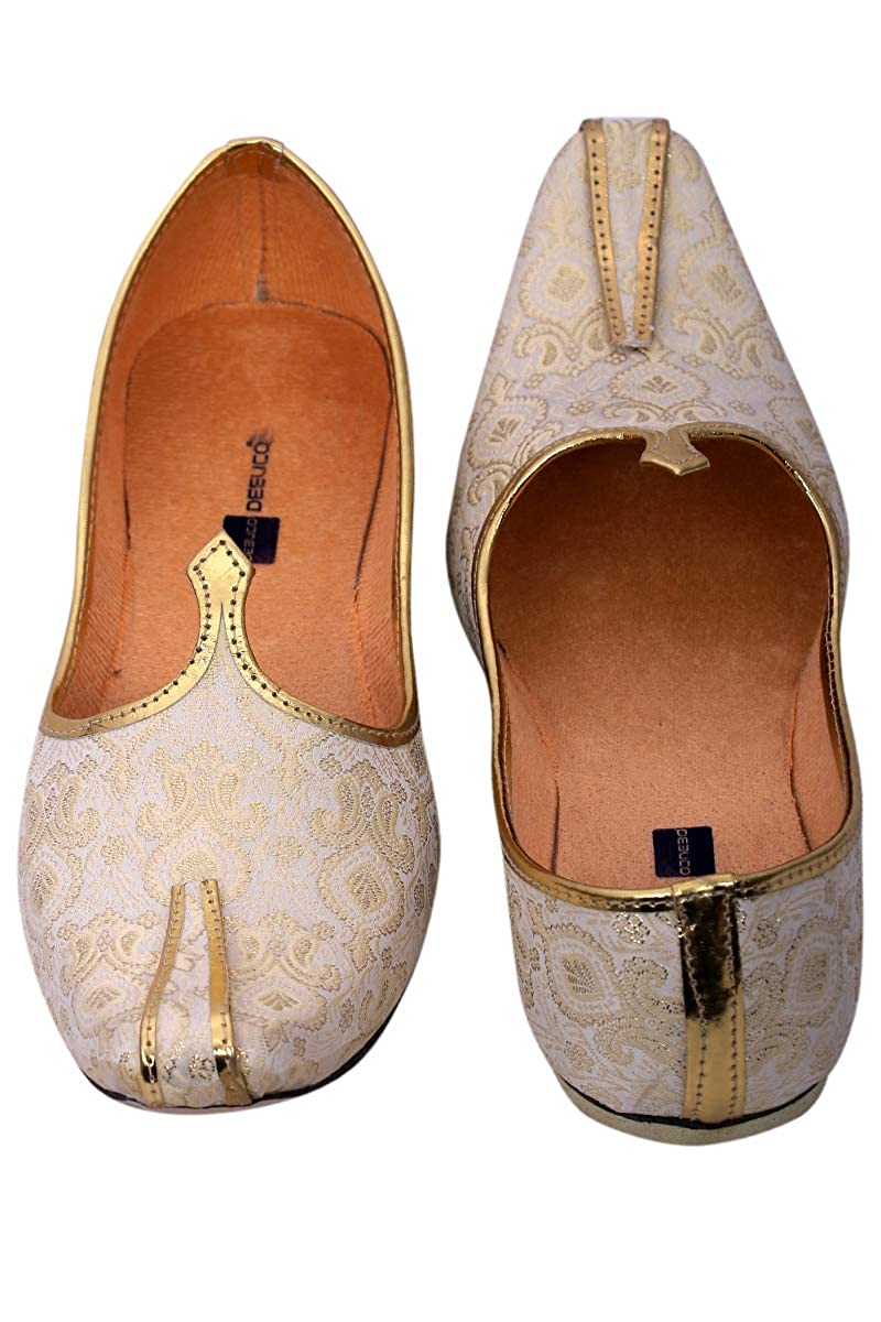 DEEUCO Men's Traditional Premium Cream and Golden Wedding and Sherwani Jutti (Mojari)