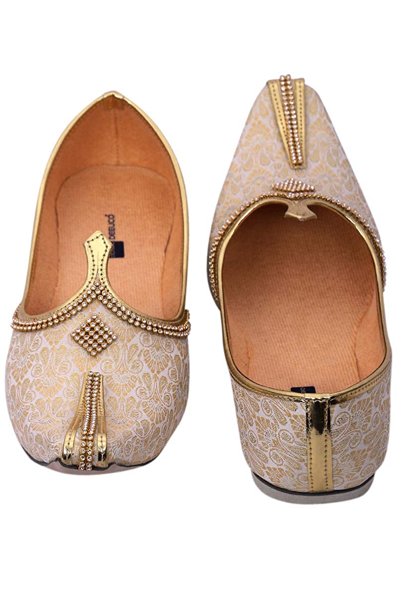 DEEUCO Men's Traditional Premium Cream and Golden Wedding and Sherwani Jutti (Mojari)