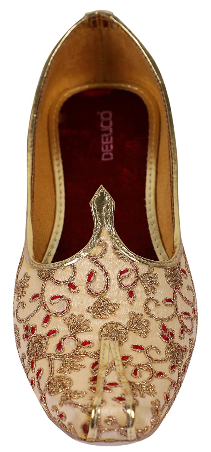 DEEUCO Men's Traditional Designer Embroidery Golden Wedding and Sherwani Jutti, Mojari