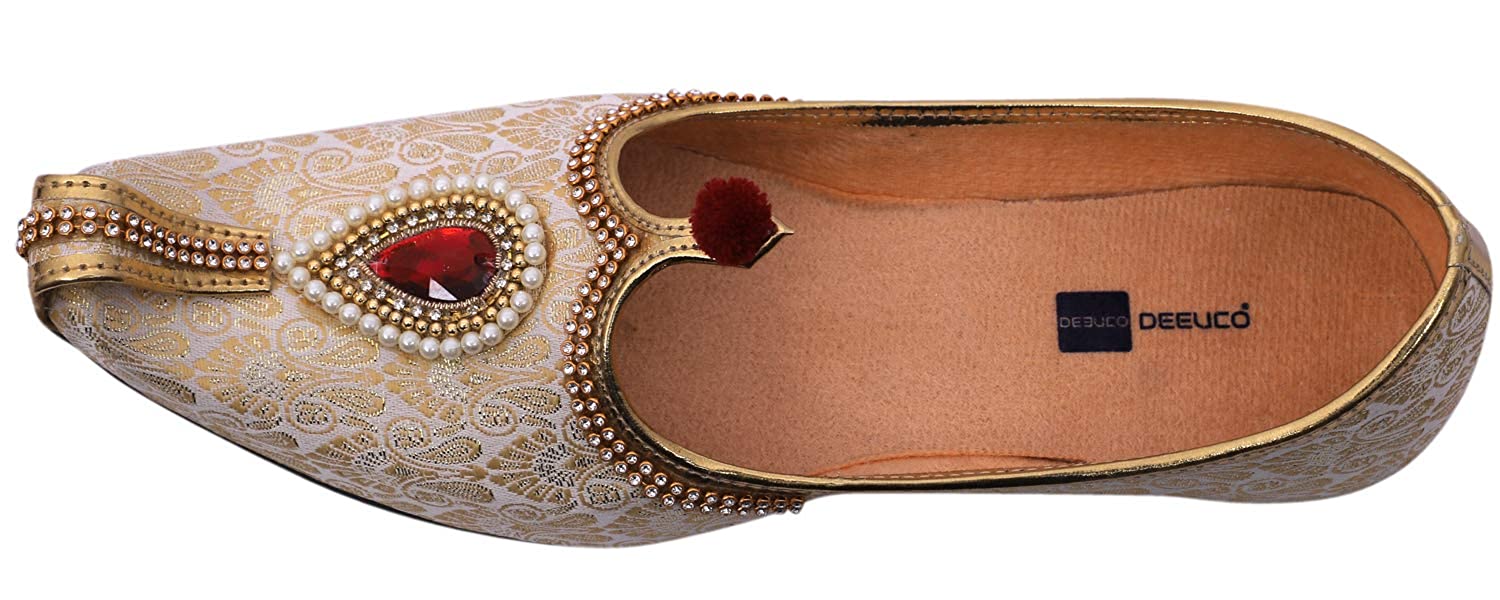 DEEUCO Men's Traditional Premium Cream and Golden Wedding and Sherwani Jutti (Mojari)